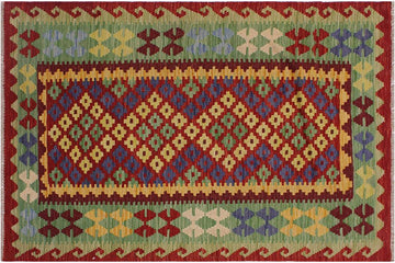 Flat Weave Kilim, Antique, Navaho, Vintage, Handmade, Geometric Kilim Red Gold Hand-Woven Rectangle 100% Wool Area Rug 3 x 5